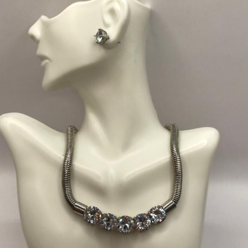 Silver-Tone & 5 Rhinestone Focal Center Necklace & Earrings Set - Picture 2 of 10